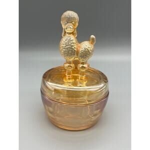 Antique Jeannette Marigold Iridescent Poodle Dog Powder Jar Trinket Glass READ